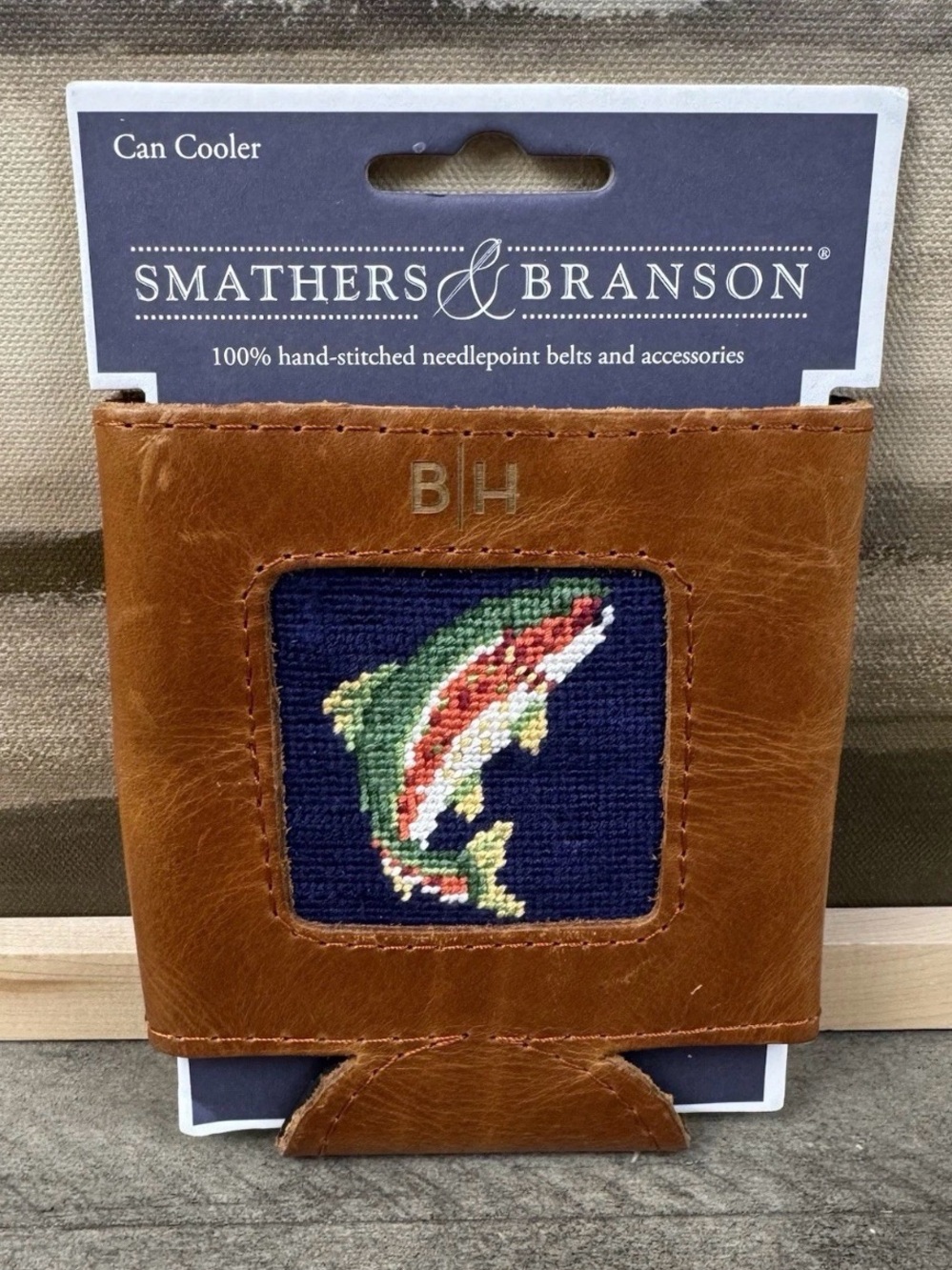 Mark & Graham Smathers & Branson Leather Needlepoint Can Cooler Trout “BH” Read